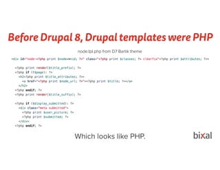 Before Drupal 8, Drupal templates were PHP
Which looks like PHP.
node.tpl.php from D7 Bartik theme
 