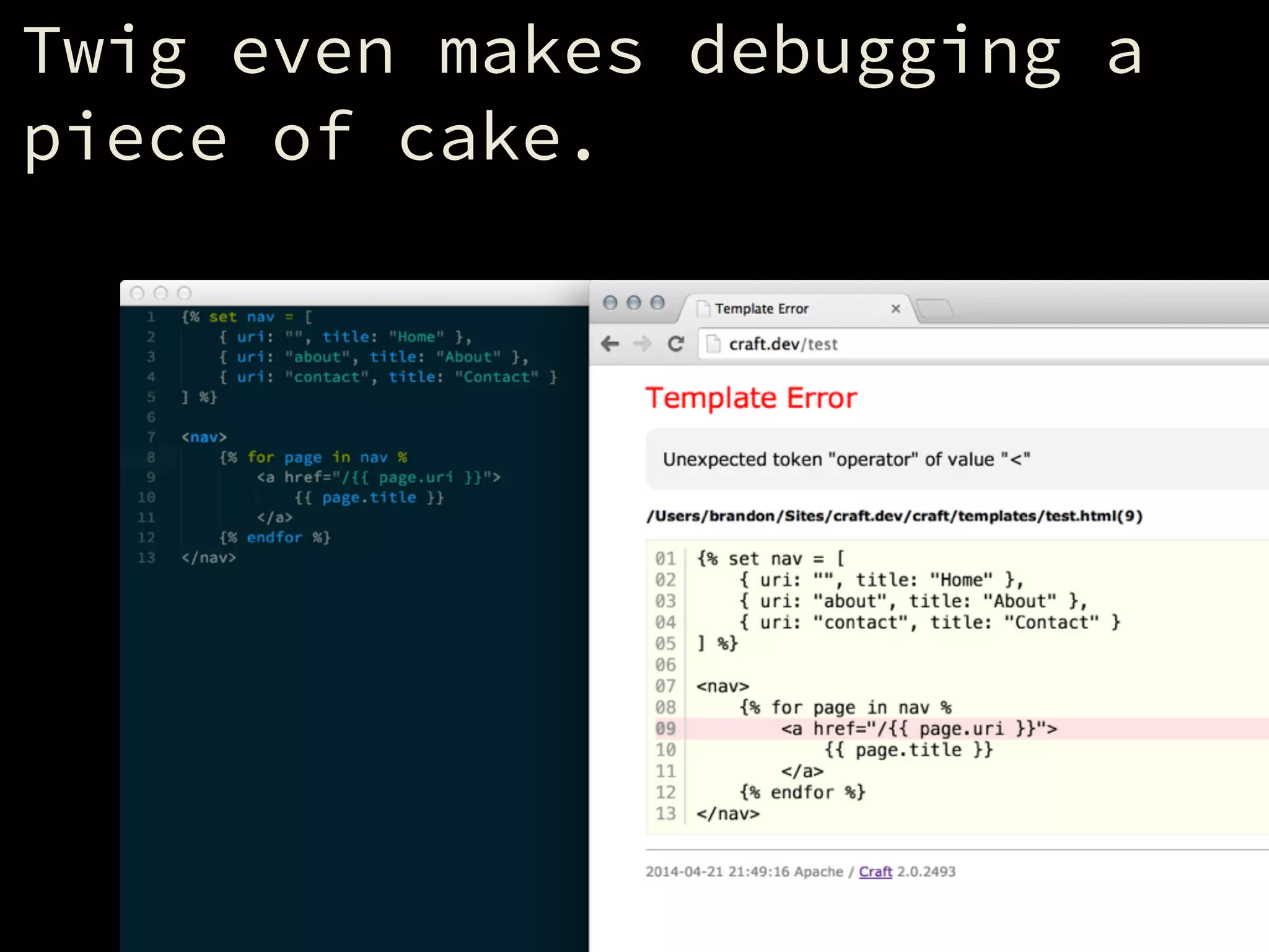 Twig even makes debugging a
piece of cake.
 