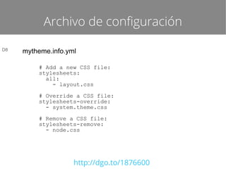 Archivo de configuración
D8

mytheme.info.yml
# Add a new CSS file:
stylesheets:
all:
- layout.css
# Override a CSS file:
stylesheets-override:
- system.theme.css
# Remove a CSS file:
stylesheets-remove:
- node.css

http://dgo.to/1876600

 