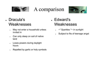 A comparisonEdward's StrengthsUnknown strength limitationsPotentially immortalDoes not require sleepCan play piano very wellCan read mindsUnexplained in booksDracula's StrengthsStrength of 20 menPotentially immortalCan shape shift into the form of a wolf or a batCan appear as elemental dust or mistHas hypnotic power over victims