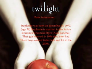 Basic infomation.


Stephenie was born on december 24, 1973.
(age 38) Stephenie is married to the italian
 drummer Christian Myer (AkA poncho.)
 They got married in 1994 they then had
Three boys named Gabe,Seth and Eli in the
                  2000s.
 