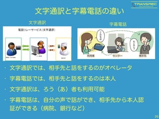 文字通訳と字幕電話の違い
• 文字通訳では、相手先と話をするのがオペレータ
• 字幕電話では、相手先と話をするのは本人
• 文字通訳は、ろう（あ）者も利用可能
• 字幕電話は、自分の声で話ができ、相手先から本人認
証ができる（病院、銀行など）
26
文字通訳 字幕電話
 