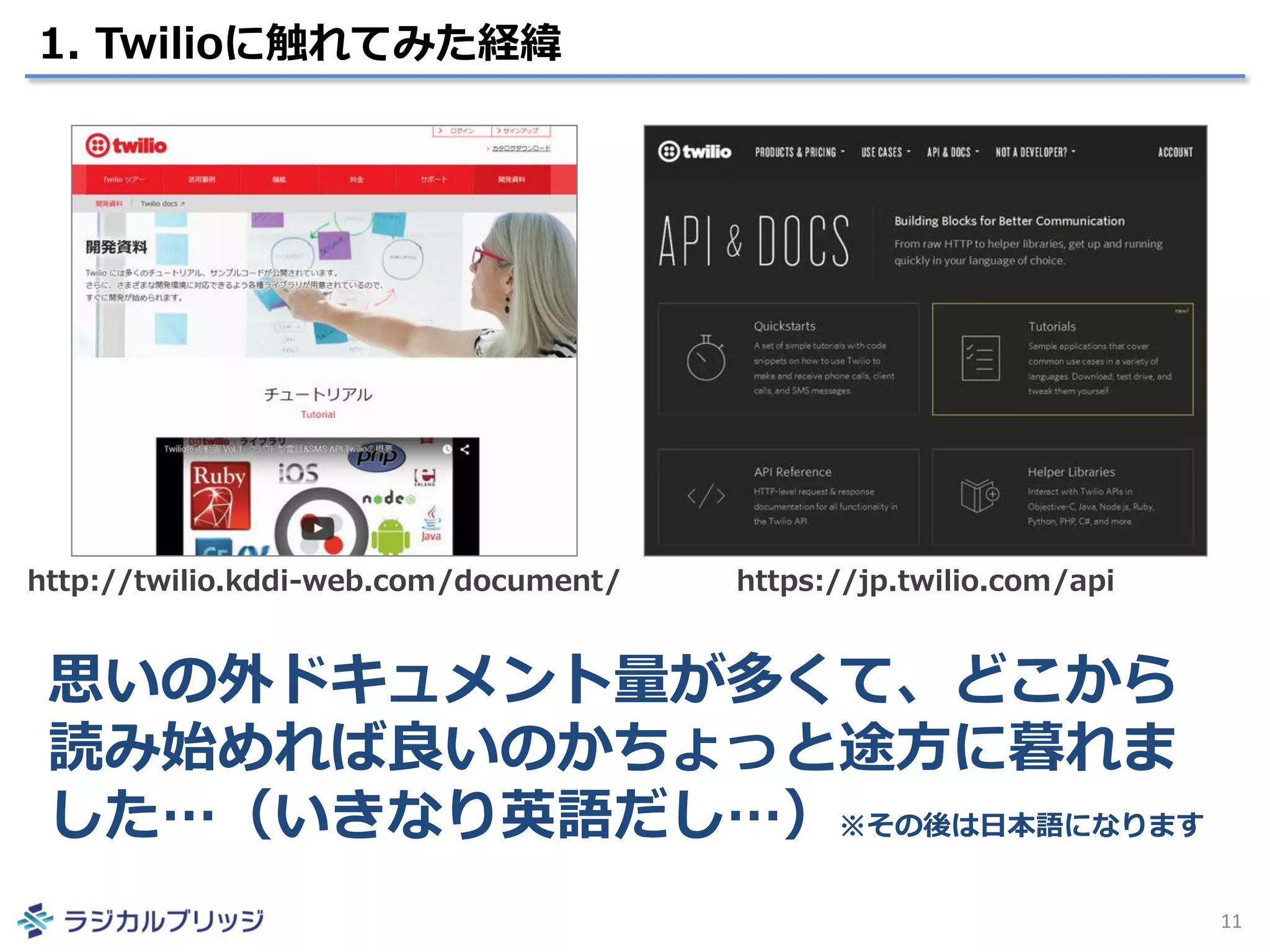 1. Twilioに触れてみた経緯
11
思いの外ドキュメント量が多くて、どこから
読み始めれば良いのかちょっと途方に暮れま
した…（いきなり英語だし…）※その後は日本語になります
http://twilio.kddi-web.com/document/ https://jp.twilio.com/api
 