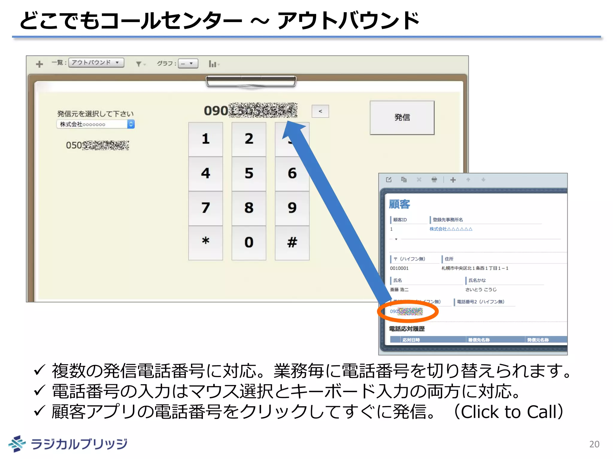 どこでもコールセンター ～ アウトバウンド
20
 複数の発信電話番号に対応。業務毎に電話番号を切り替えられます。
 電話番号の入力はマウス選択とキーボード入力の両方に対応。
 顧客アプリの電話番号をクリックしてすぐに発信。（Click to Call）
 