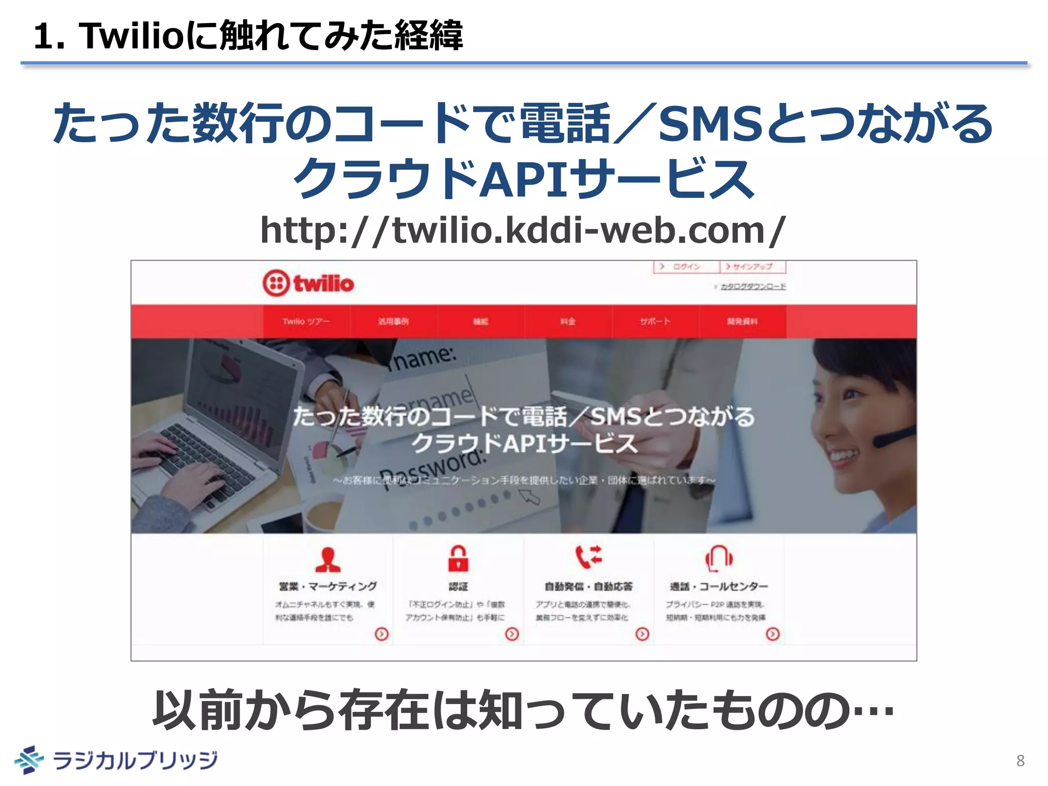 1. Twilioに触れてみた経緯
8
たった数行のコードで電話／SMSとつながる
クラウドAPIサービス
http://twilio.kddi-web.com/
以前から存在は知っていたものの…
 