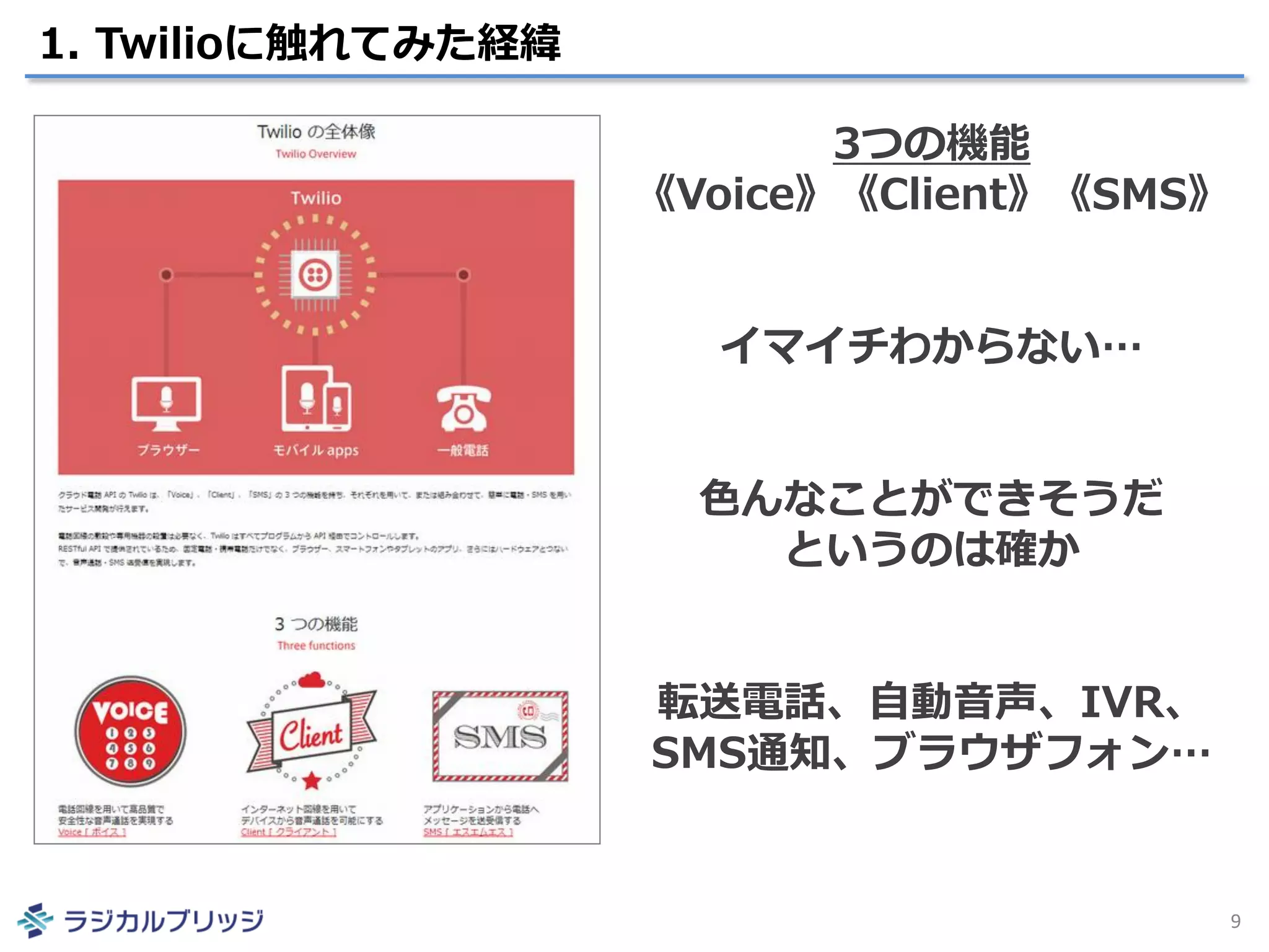 1. Twilioに触れてみた経緯
9
3つの機能
《Voice》《Client》《SMS》
イマイチわからない…
色んなことができそうだ
というのは確か
転送電話、自動音声、IVR、
SMS通知、ブラウザフォン…
 