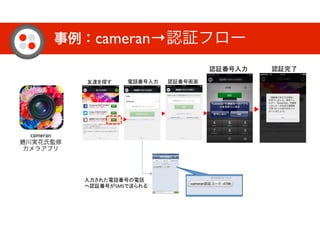 事例：cameran→認証フロー
cameran
蜷川実花氏監修
カメラアプリ
SMS
 