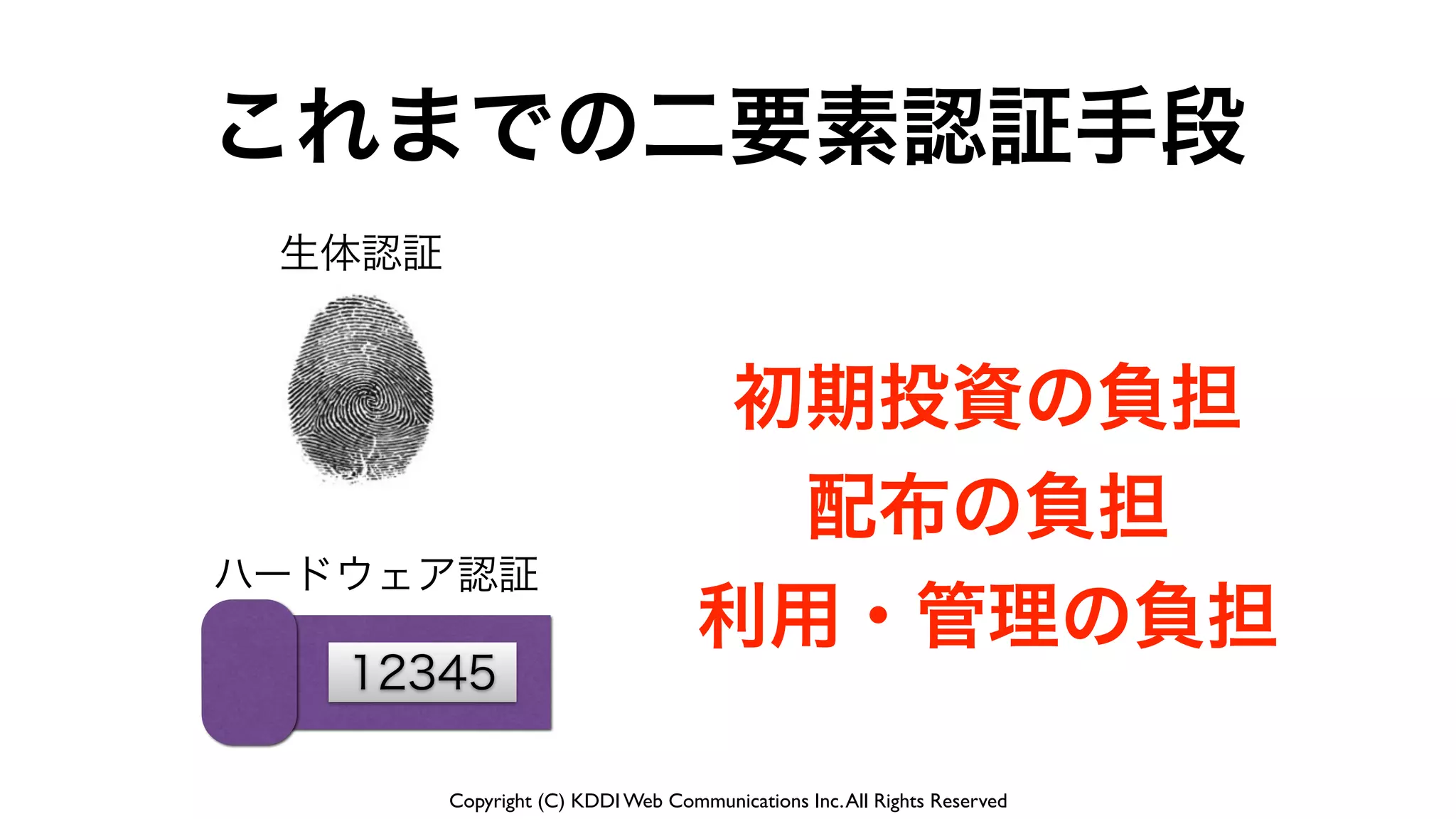 Copyright (C) KDDI Web Communications Inc.All Rights Reserved
12345
生体認証
ハードウェア認証
初期投資の負担
配布の負担
利用・管理の負担
これまでの二要素認証手段
 