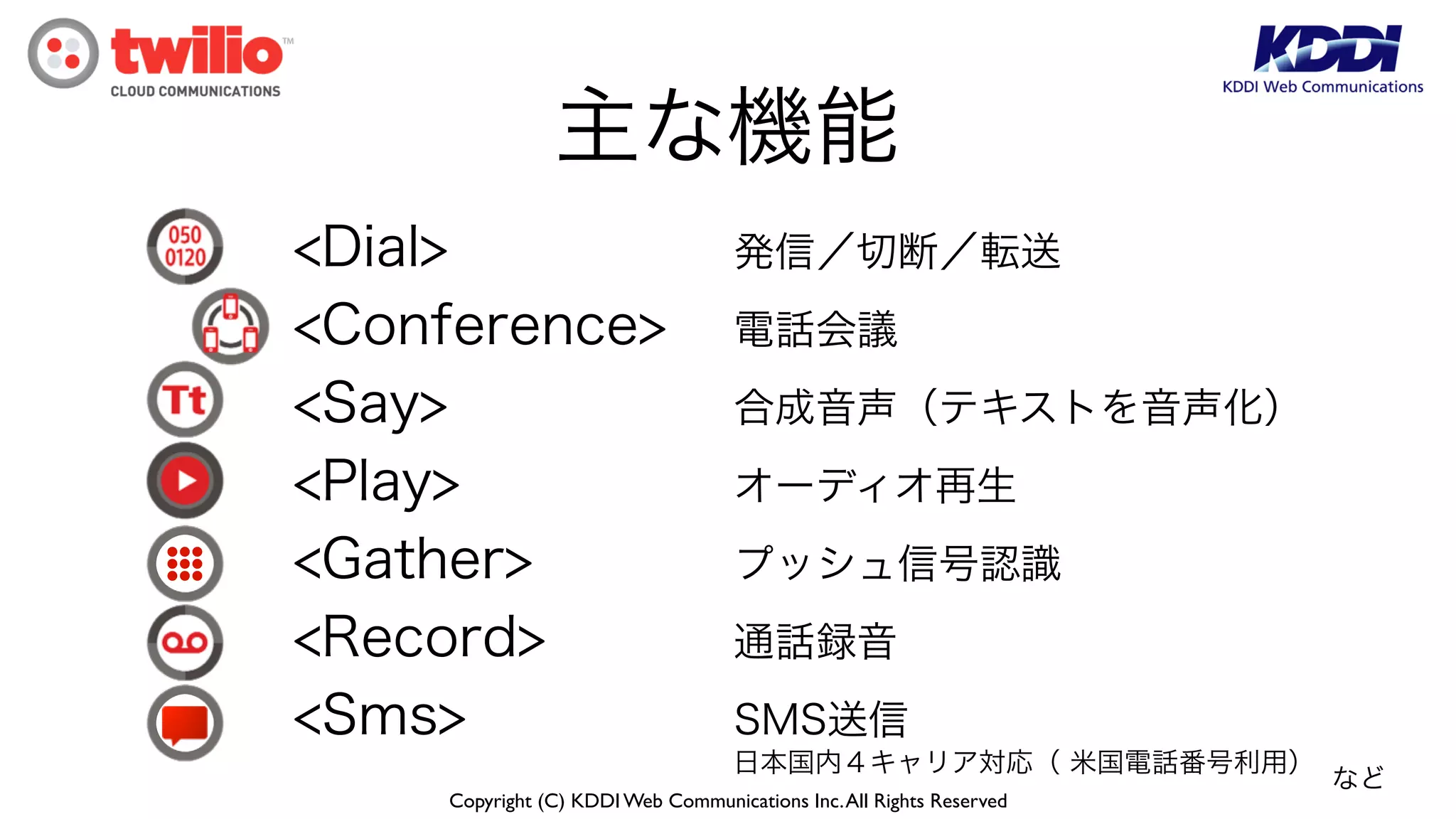 Copyright (C) KDDI Web Communications Inc.All Rights Reserved
主な機能
<Dial> 発信／切断／転送
<Conference> 電話会議
<Say> 合成音声（テキストを音声化）
<Play> オーディオ再生
<Gather> プッシュ信号認識
<Record> 通話録音
<Sms> SMS送信
日本国内４キャリア対応（ 米国電話番号利用）
など
 
