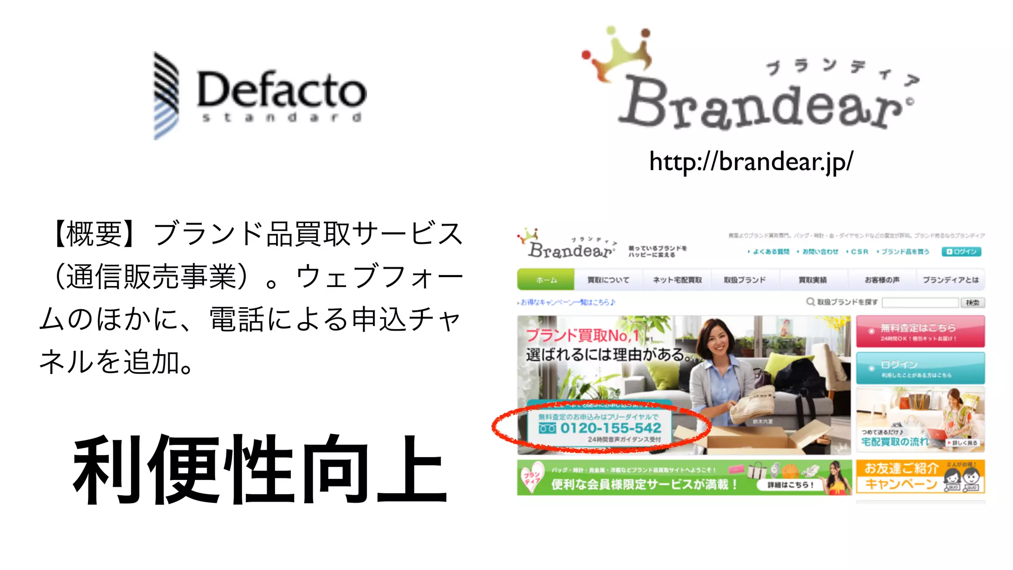 Copyright (C) KDDI Web Communications Inc.All Rights Reserved
【概要】ブランド品買取サービス
（通信販売事業）。ウェブフォー
ムのほかに、電話による申込チャ
ネルを追加。
利便性向上
http://brandear.jp/
 