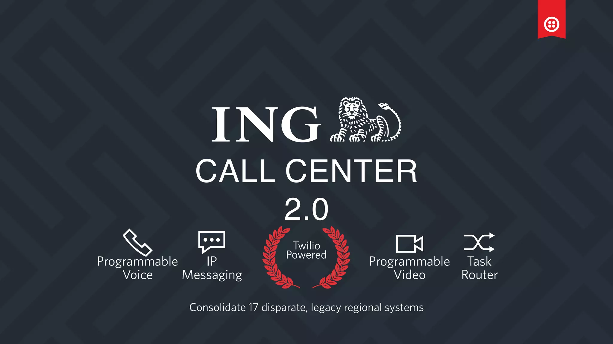 CALL CENTER
2.0
Twilio
Powered
Consolidate 17 disparate, legacy regional systems
Programmable
Voice
IP
Messaging
Programmable
Video
Task
Router
 