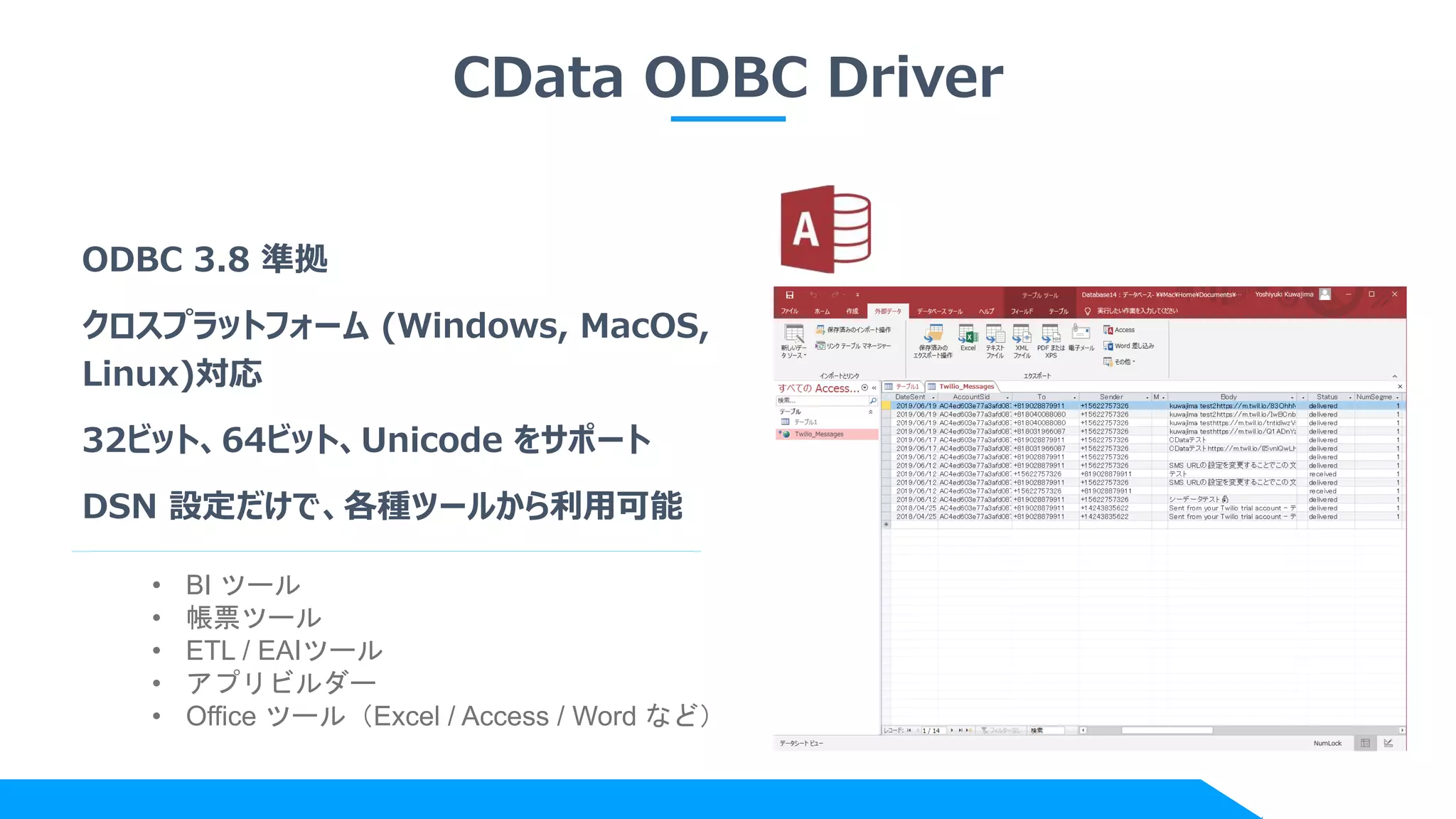 CData ODBC Driver
ODBC 3.8 準拠
クロスプラットフォーム (Windows, MacOS,
Linux)対応
32ビット、64ビット、Unicode をサポート
DSN 設定だけで、各種ツールから利用可能
• BI ツール
• 帳票ツール
• ETL / EAIツール
• アプリビルダー
• Office ツール（Excel / Access / Word など）
 