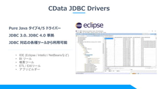 CData JDBC Drivers
Pure Java タイプ4/5 ドライバー
JDBC 3.0、JDBC 4.0 準拠
JDBC 対応の各種ツールから利用可能
• IDE (Eclipse / IntelliJ / NetBeansなど)
• BI ツール
• 帳票ツール
• ETL / EAIツール
• アプリビルダー
 