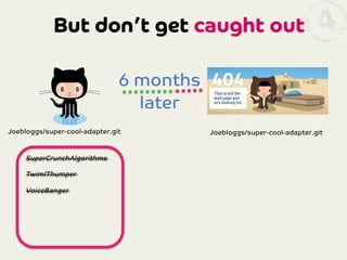 But don’t get caught out





6 months
later
Joebloggs/super-cool-adapter.git

SuperCrunchAlgorithms

TwimlThumper

VoiceBanger

Joebloggs/super-cool-adapter.git

 
