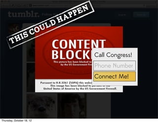 This Could Happen
Call Congress!
Phone Number
Connect Me!
Thursday, October 18, 12
 