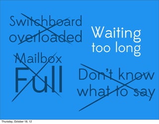 Switchboard
overloaded Waiting
too long
Mailbox
Full Don’t know
what to say
Thursday, October 18, 12
 