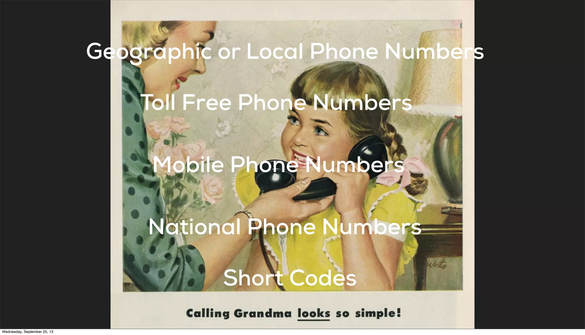 Geographic or Local Phone Numbers
National Phone Numbers
Mobile Phone Numbers
Toll Free Phone Numbers
Short Codes
Wednesday, September 25, 13
 