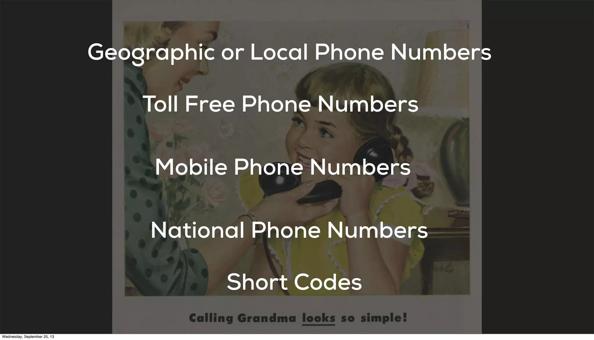Geographic or Local Phone Numbers
National Phone Numbers
Mobile Phone Numbers
Toll Free Phone Numbers
Short Codes
Wednesday, September 25, 13
 