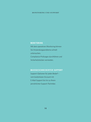 MONITORING
Mit dem operativen Monitoring können
Sie Anwendungsprobleme schnell
untersuchen,
Compliance-Prüfungen durchführen und
Sicherheitslücken vermeiden.
MASSGESCHNEIDERTER SUPPORT
Support-Optionen für jeden Bedarf –
vom kostenlosen Account mit
E-Mail-Support bis hin zu Ihrem
persönlichen Support-Techniker.
1 4
monitoring und support
 