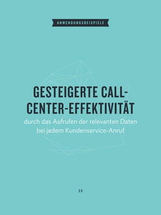 2 5
A N W E N D U N G S B E I S P I E L E
GESTEIGERTE CALL-
CENTER-EFFEKTIVITÄT
durch das Aufrufen der relevanten Daten 
bei jedem Kundenservice-Anruf
 