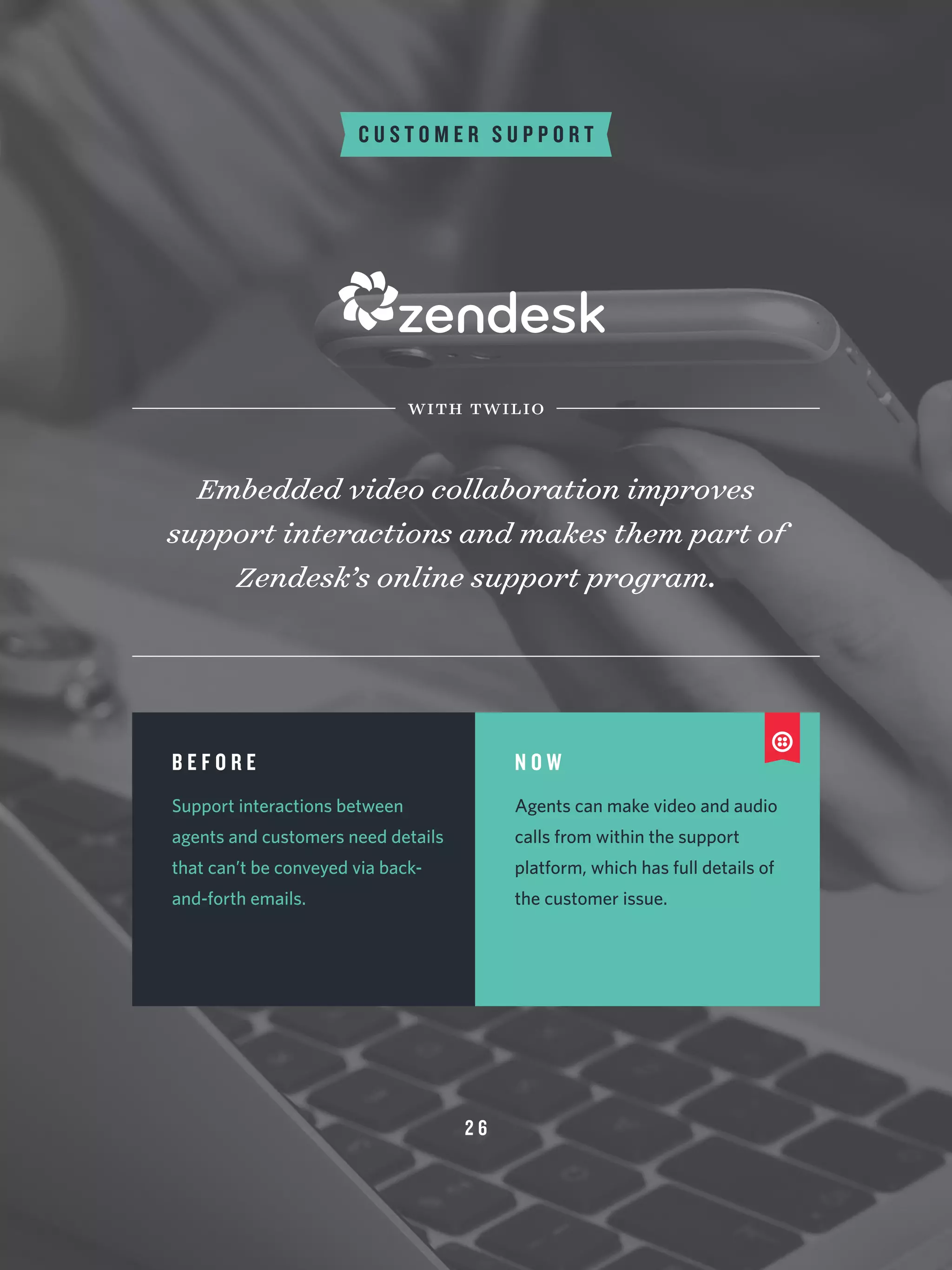 2 6
C U S T O M E R S U P P O R T
Embedded video collaboration improves
support interactions and makes them part of
Zendesk’s online support program.
with twilio
B E F O R E
Support interactions between
agents and customers need details
that can’t be conveyed via back-
and-forth emails.
N O W
Agents can make video and audio
calls from within the support
platform, which has full details of
the customer issue.
 