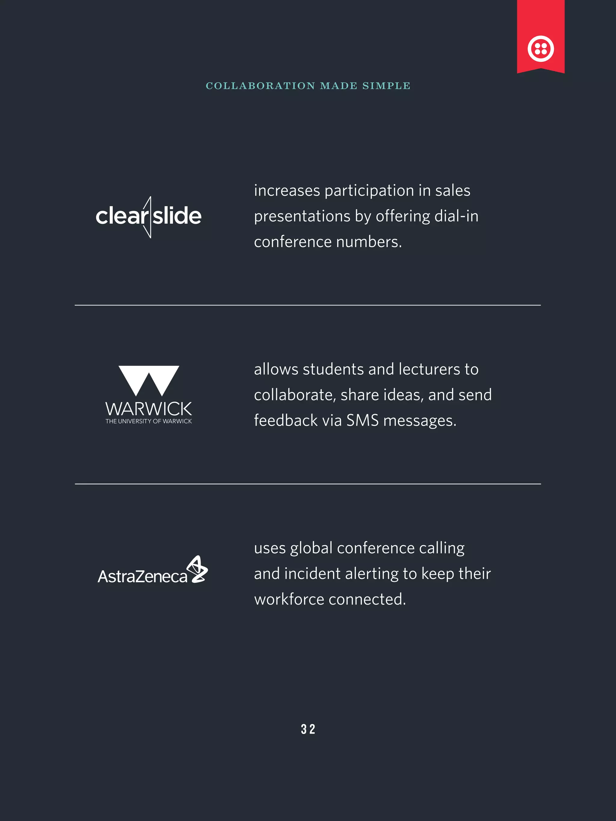 collaboration made simple
increases participation in sales
presentations by offering dial-in
conference numbers.
allows students and lecturers to
collaborate, share ideas, and send
feedback via SMS messages.
uses global conference calling
and incident alerting to keep their
workforce connected.
3 2
 