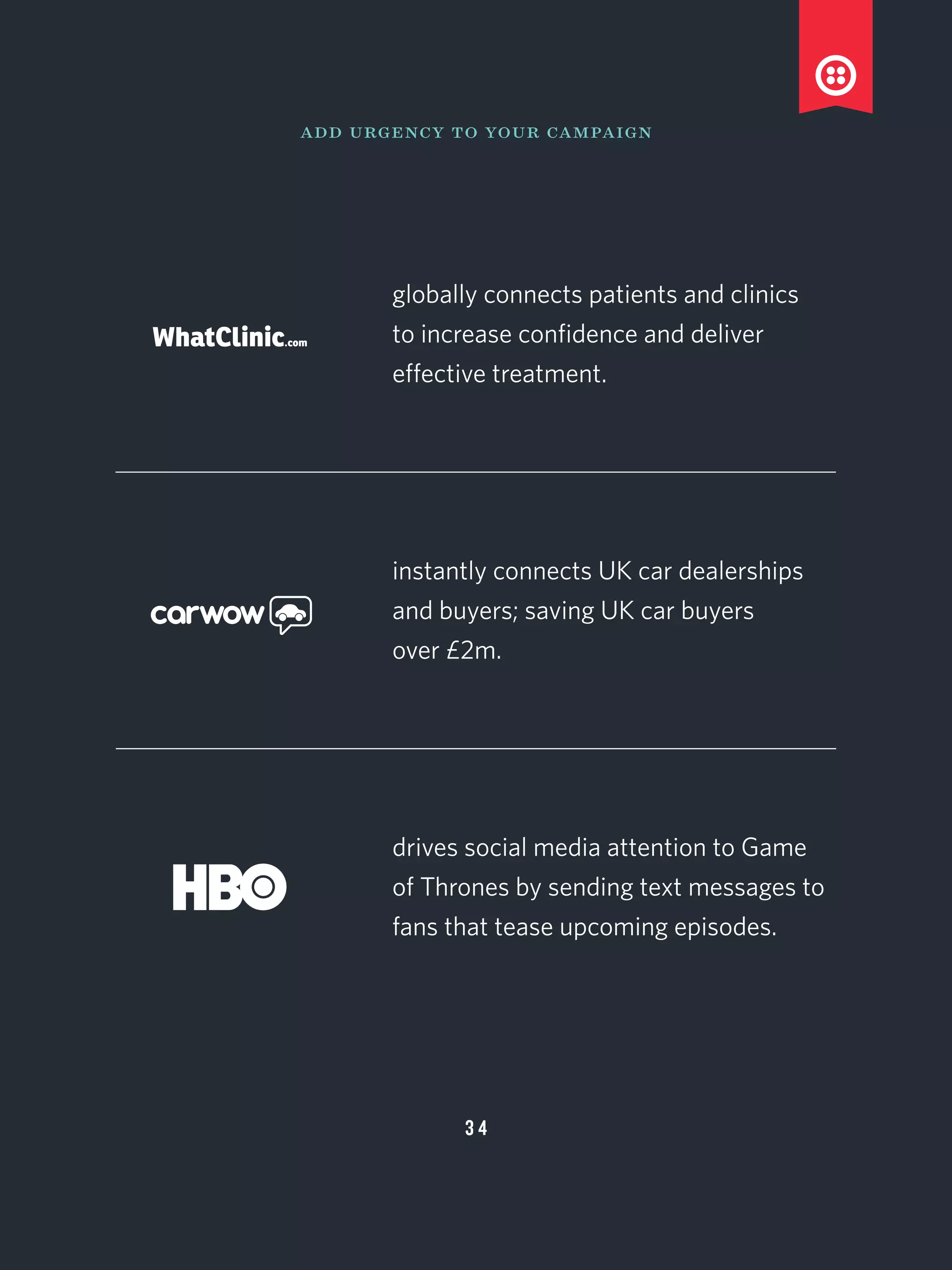 add urgency to your campaign
globally connects patients and clinics
to increase confidence and deliver
effective treatment.
instantly connects UK car dealerships
and buyers; saving UK car buyers
over £2m.
drives social media attention to Game
of Thrones by sending text messages to
fans that tease upcoming episodes.
3 4
 