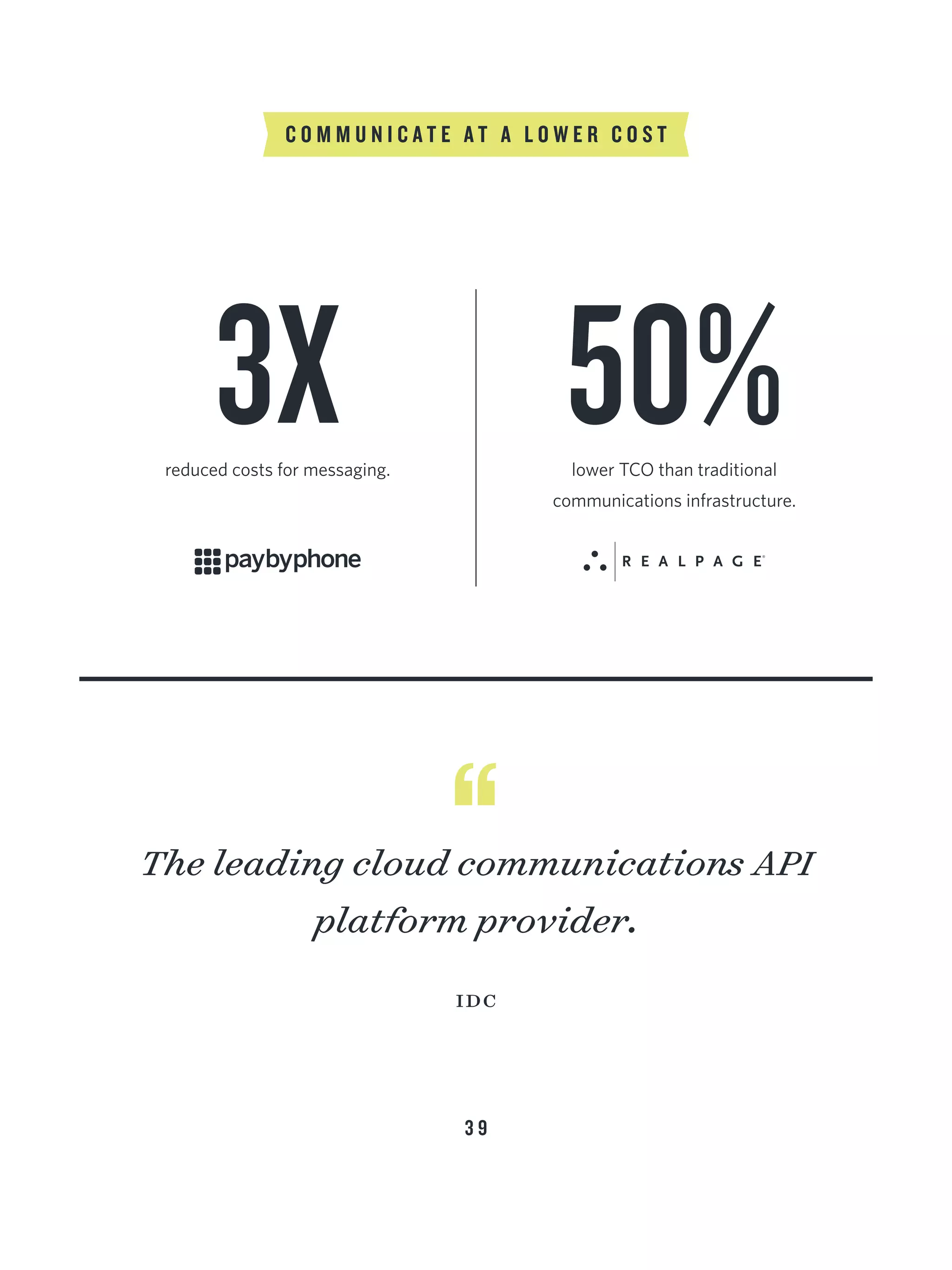 3 9
C O M M U N I C A T E A T A L O W E R C O S T
idc
3Xreduced costs for messaging.
50%lower TCO than traditional
communications infrastructure.
The leading cloud communications API
platform provider.
 