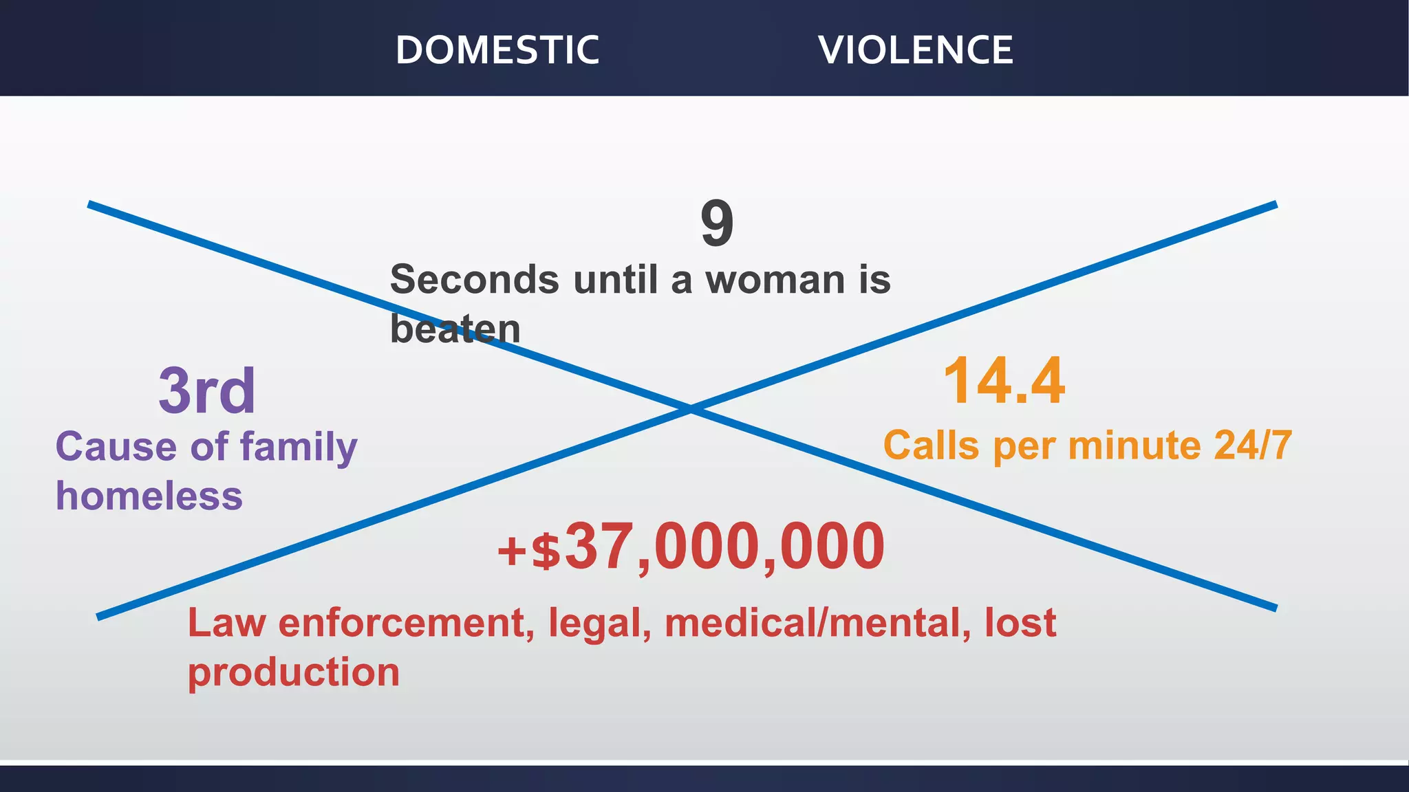 DOMESTIC VIOLENCE
9
Seconds until a woman is
beaten
3rd
Cause of family
homeless
14.4
Calls per minute 24/7
+$37,000,000
Law enforcement, legal, medical/mental, lost
production
 