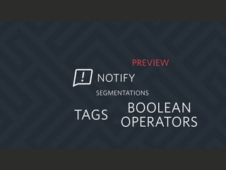 NOTIFY
PREVIEW
TAGS
BOOLEAN
OPERATORS
SEGMENTATIONS
 