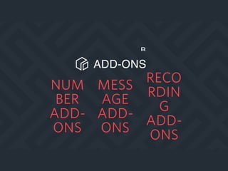 NUM
BER
ADD-
ONS
MESS
AGE
ADD-
ONS
RECO
RDIN
G
ADD-
ONS
ADD-ONS
B
 
