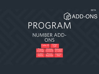 ADD-ONS
BETA
PROGRAM
Caller ID
NUMBER ADD-
ONS
Clean
Call
Mobile
Ownersh
Advance
d Caller
Phone
Reputati
Carrier
Info
Caller
Name
Phone
Intellige
 
