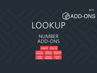 LOOKUP
Caller ID
NUMBER
ADD-ONS
Clean Call
Mobile
Ownershi
Advanced
Caller ID
Phone
Reputatio
Carrier
Info
Caller
Name
Phone
Intelligenc
ADD-ONS
BETA
 