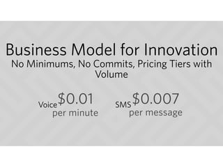 Business Model for Innovation
No Minimums, No Commits, Pricing Tiers with
Volume
Voice SMS$0.01
per minute
$0.007
per message
 