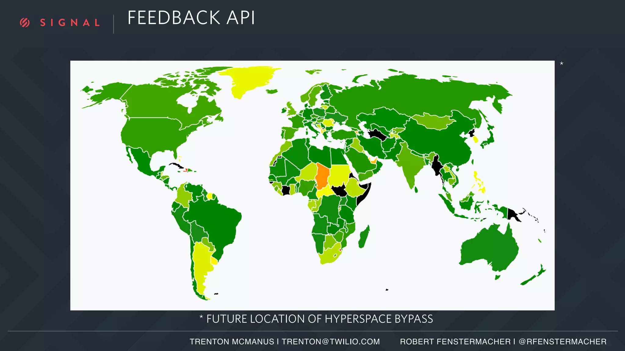 FEEDBACK API
TRENTON MCMANUS | TRENTON@TWILIO.COM ROBERT FENSTERMACHER | @RFENSTERMACHER
* FUTURE LOCATION OF HYPERSPACE BYPASS
*
 