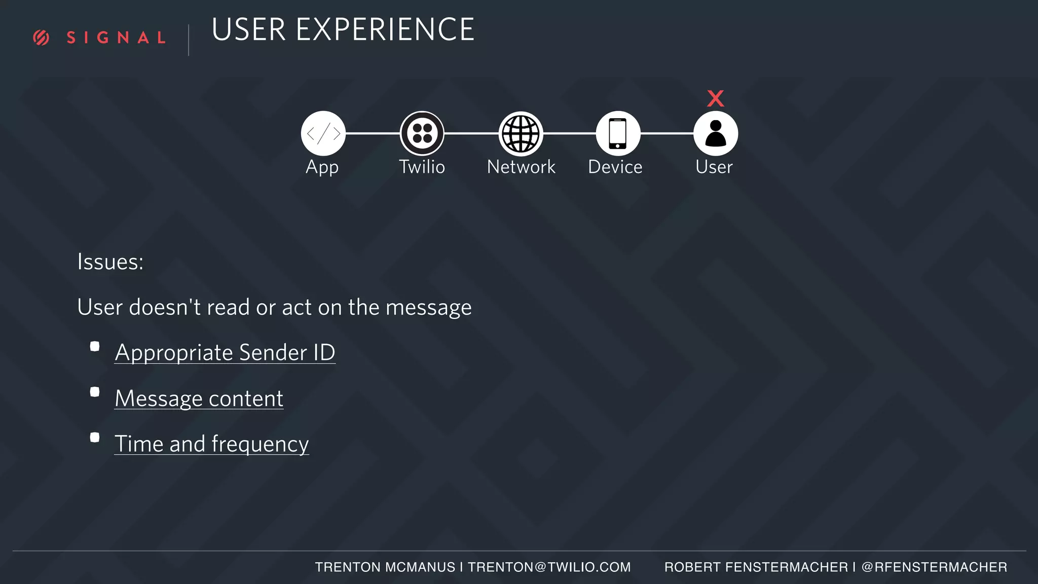 USER EXPERIENCE
App Twilio Network Device User
Issues:
User doesn't read or act on the message
• Appropriate Sender ID
• Message content
• Time and frequency
TRENTON MCMANUS | TRENTON@TWILIO.COM ROBERT FENSTERMACHER | @RFENSTERMACHER
X
 