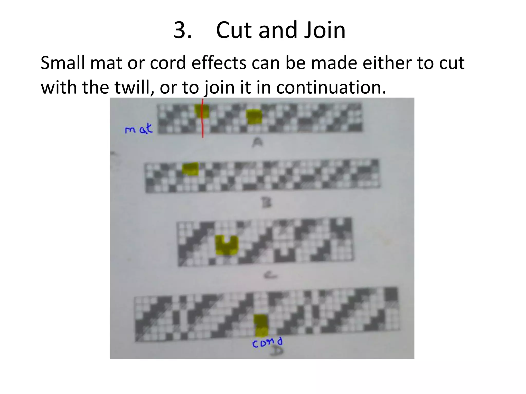 3. Cut and Join
Small mat or cord effects can be made either to cut
with the twill, or to join it in continuation.
 