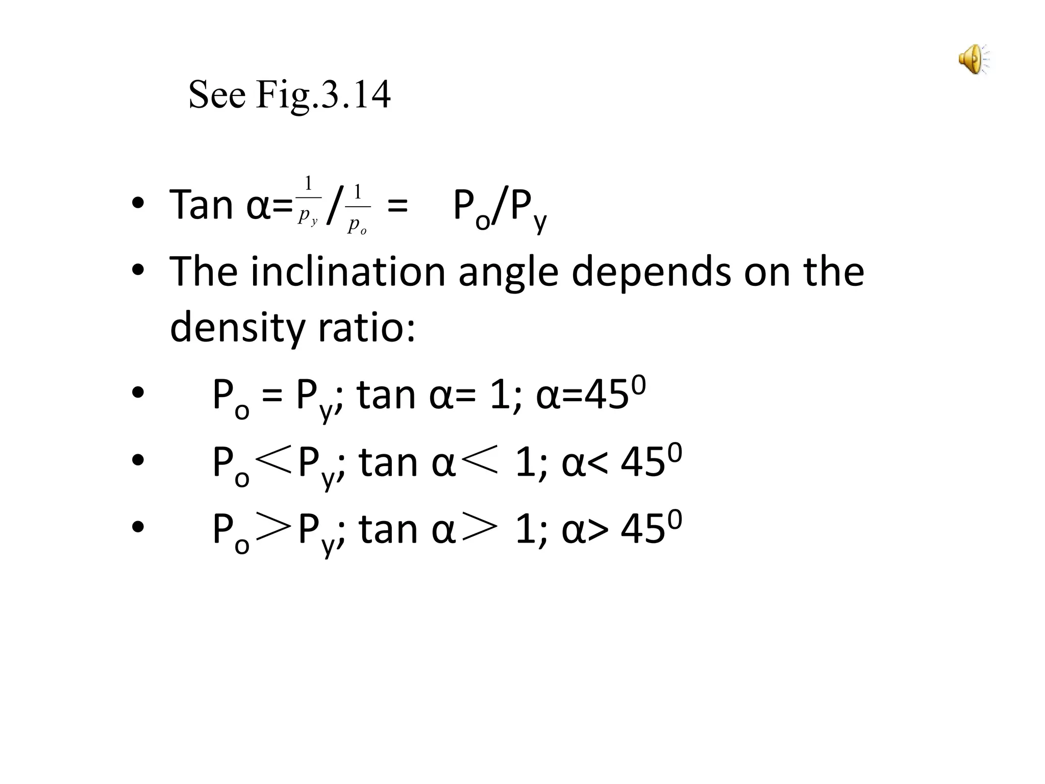 • Tan α= / = Po/Py
• The inclination angle depends on the
density ratio:
• Po = Py; tan α= 1; α=450
• Po＜Py; tan α＜ 1; α< 450
• Po＞Py; tan α＞ 1; α> 450
yp
1
op
1
See Fig.3.14
 