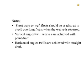 Notes:
• Short warp or weft floats should be used so as to
avoid overlong floats when the weave is reversed.
• Vertical angled twill weaves are achieved with
point draft.
• Horizontal angled twills are achieved with straight
draft.
 