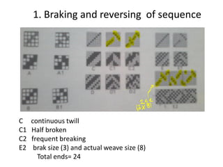 C continuous twill
C1 Half broken
C2 frequent breaking
E2 brak size (3) and actual weave size (8)
Total ends= 24
1. Braking and reversing of sequence
 