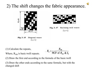 2) The shift changes the fabric appearance.
(1) Calculate the repeats,
Where, ROB is basic twill repeats.
(2) Draw the first end according to the formula of the basic twill
(3) Draw the other ends according to the same formula, but with the
changed shift
 