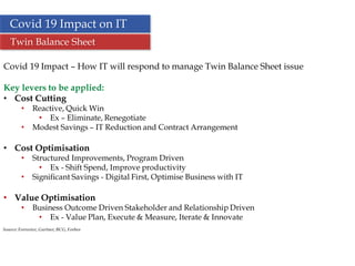 15
Covid 19 Impact on IT
Twin Balance Sheet
Source: Forrester, Gartner, BCG, Forbes
Covid 19 Impact – How IT will respond to manage Twin Balance Sheet issue
Key levers to be applied:
• Cost Cutting
• Reactive, Quick Win
• Ex – Eliminate, Renegotiate
• Modest Savings – IT Reduction and Contract Arrangement
• Cost Optimisation
• Structured Improvements, Program Driven
• Ex - Shift Spend, Improve productivity
• Significant Savings - Digital First, Optimise Business with IT
• Value Optimisation
• Business Outcome Driven Stakeholder and Relationship Driven
• Ex - Value Plan, Execute & Measure, Iterate & Innovate
 