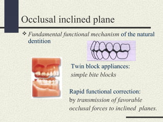 Occlusal inclined plane
 Fundamental functional mechanism of the natural
dentition
Twin block appliances:
simple bite blo...