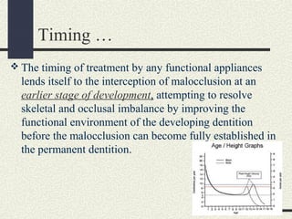 Timing …
 The timing of treatment by any functional appliances
lends itself to the interception of malocclusion at an
ear...