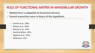 ROLE OF FUNCTIONAL MATRIX IN MANDIBULAR GROWTH
• Skeletal form is adaptable to functional stimulus.
• Several researchers were in favour of this hypothesis.
• Charlier et al., 1969;
• Moyers et al., 1970;
• Petrovic et al., 1971;
• Stockli & Willert, 1971;
• Elgoyhen et al., 1972;
• McNamara, 1972
 