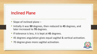 Inclined Plane
• Slope of inclined plane –
• Initially it was 90 degrees, then reduced to 45 degrees, and
later increased to 70 degrees.
• If tolerance is less, it is kept at 45 degrees.
• 45 degrees angulation gives equal sagittal & vertical activation.
• 70 degree gives more sagittal activation.
 