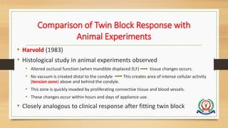 Comparison of Twin Block Response with
Animal Experiments
• Harvold (1983)
• Histological study in animal experiments observed
• Altered occlusal function (when mandible displaced D,F) tissue changes occurs.
• No vacuum is created distal to the condyle This creates area of intense cellular activity
(tension zone) above and behind the condyle.
• This zone is quickly invaded by proliferating connective tissue and blood vessels.
• These changes occur within hours and days of appliance use.
• Closely analogous to clinical response after fitting twin block
 