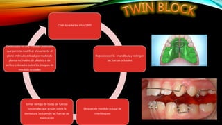 Clark durante los años 1980.
Reposicionan la mandíbula y redirigen
las fuerzas oclusales
bloques de mordida oclusal de
interbloqueo
tomar ventaja de todas las fuerzas
funcionales que actúan sobre la
dentadura, incluyendo las fuerzas de
masticación
Construidos en una mordida protrusiva
que permite modificar eficazmente el
plano inclinado oclusal por medio de
planos inclinados de plástico o de
acrílico colocados sobre los bloques de
mordida oclusales
 