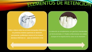Delta o Adams sobre las primeras bicúspides inferiores y
los primeros molares superiores en dentición
permanente, pudiéndose colocar en los molares
deciduos inferiores en casos de dentición mixta
La retención se complementa con ganchos interdentales
en forma de bola o C. Puede confeccionarse arco labial
aunque en la mayoría de los casos no es necesario
 