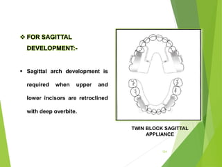 124
 FOR SAGITTAL
DEVELOPMENT:-
 Sagittal arch development is
required when upper and
lower incisors are retroclined
with deep overbite.
TWIN BLOCK SAGITTAL
APPLIANCE
 